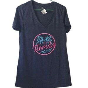 Key West Florida Graphic V-Neck T-Shirt Navy Blue Next Level Womens XL Cotton/Po